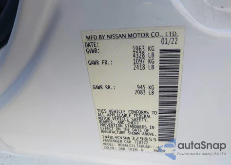 2022 Nissan Altima Sr Fwd z USA, uszkodzony, nr VIN 1N4BL4CV3NN329855